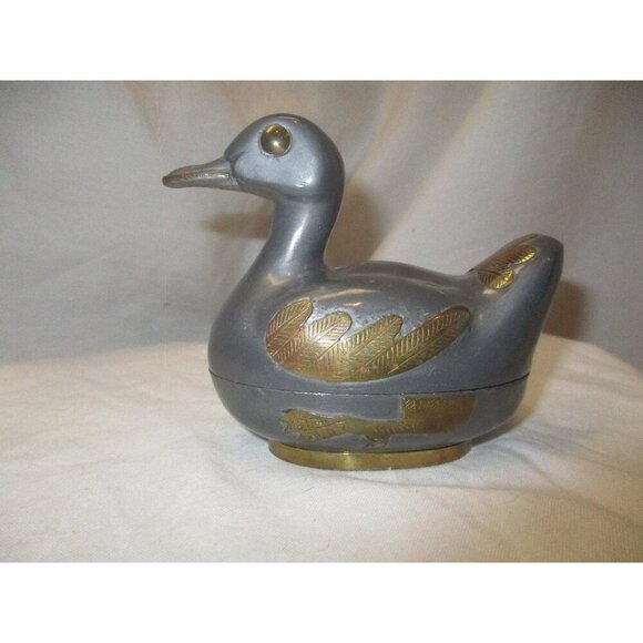 Pewter Metal Brass details Duck Keepsake Mallard candy dish midcentury modern - Picture 1 of 7